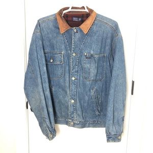 VTG Rare 90’s Nautica Marine Denim XL plaid Lined Leather Collared Denim Jacket